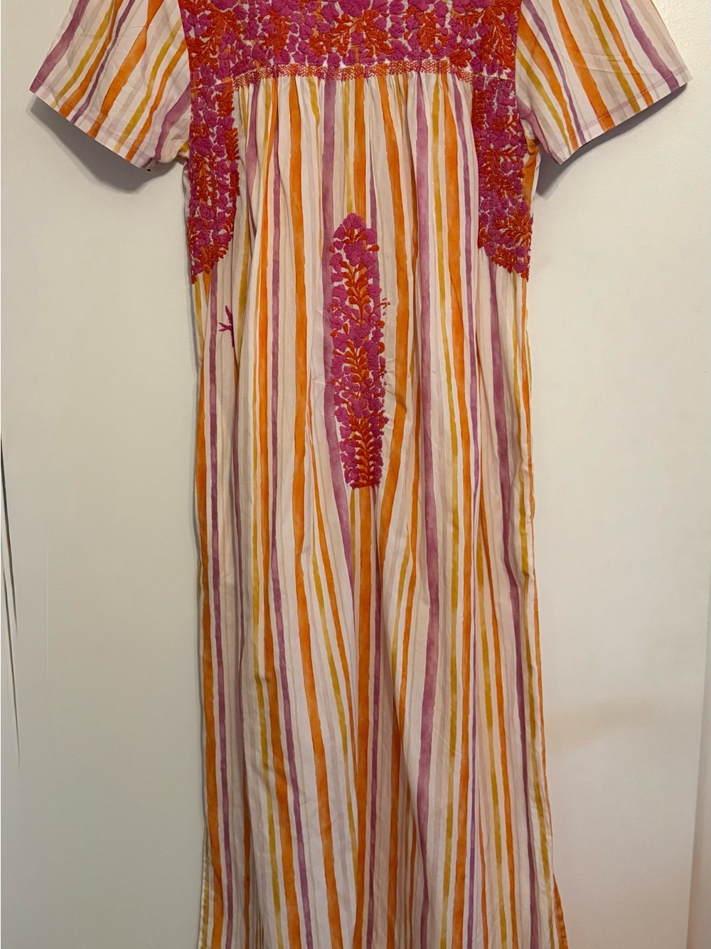 Mi Golondrina Pink and Orange Striped Embroidered Cotton Dress